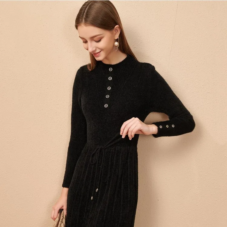 

Winter Dress With Stand-Up Collar And Imitation Mink Fur Waist Knit Dress Female Was Thin